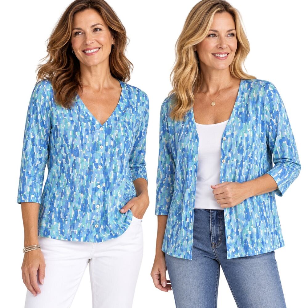 J. Jill Blue Green Abstract Print Pima Cotton Cardigan Top Large